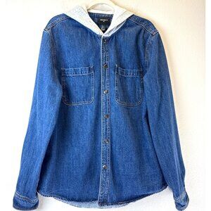 Forever 21 Men's Dark Wash Denim Jacket/Shirt Large with Hood and Snaps